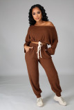 Two-piece solid color ribbed off-shoulder strappy loose trousers A5084