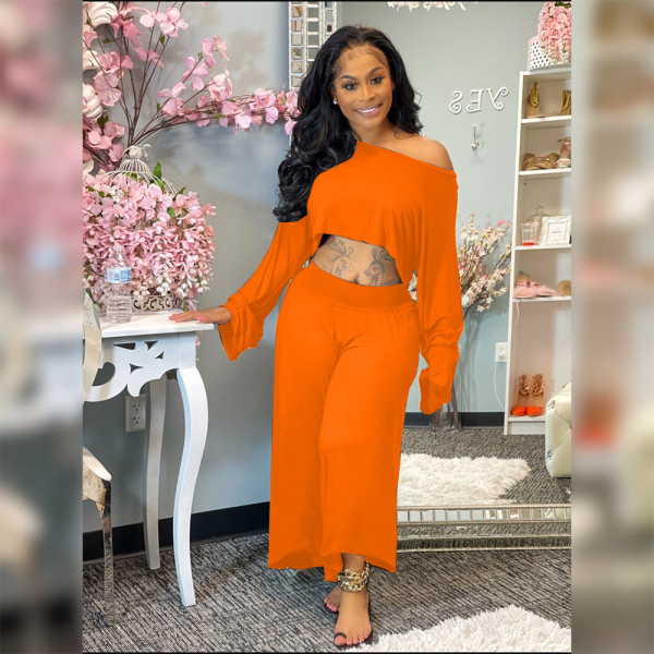 Plus size women's clothing solid color casual loose wide-leg two-piece suit KY80057
