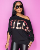 Women's letter QUEEN hot stamping temperament solid color bat sleeve T-shirt loose wild sweater A1015