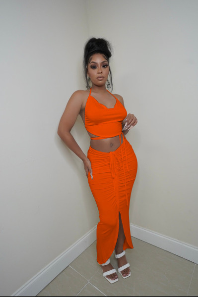 Two-piece solid color halterneck halter drawstring set AC9093