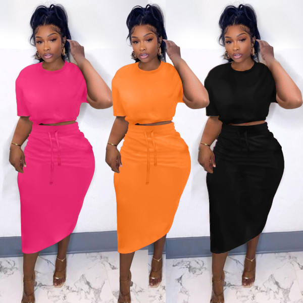 Pure color personalized strappy split short-sleeved skirt QM7065