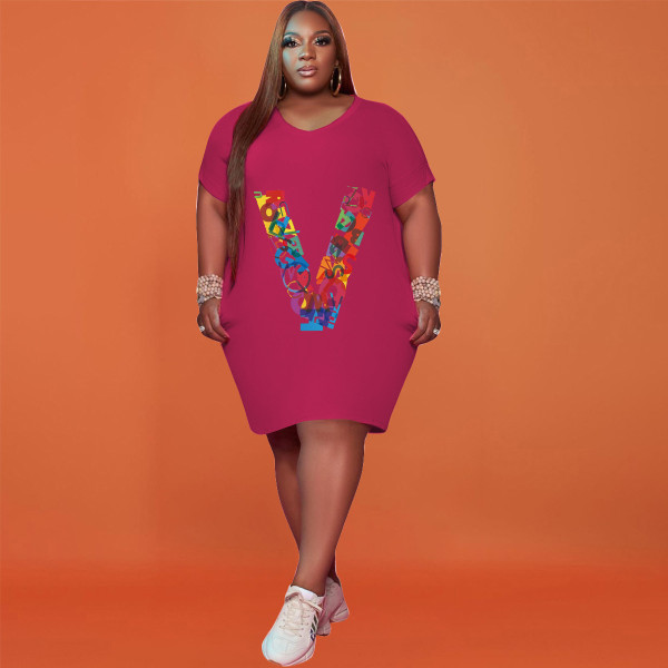 2021 plus size women's printed V fashion two-color dress HB4027