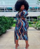 Plus Size Women's Wavy Striped Printed V-Neck Dress PH13242