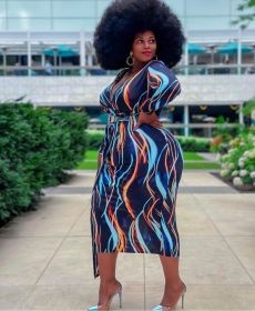Plus Size Women's Wavy Striped Printed V-Neck Dress PH13242