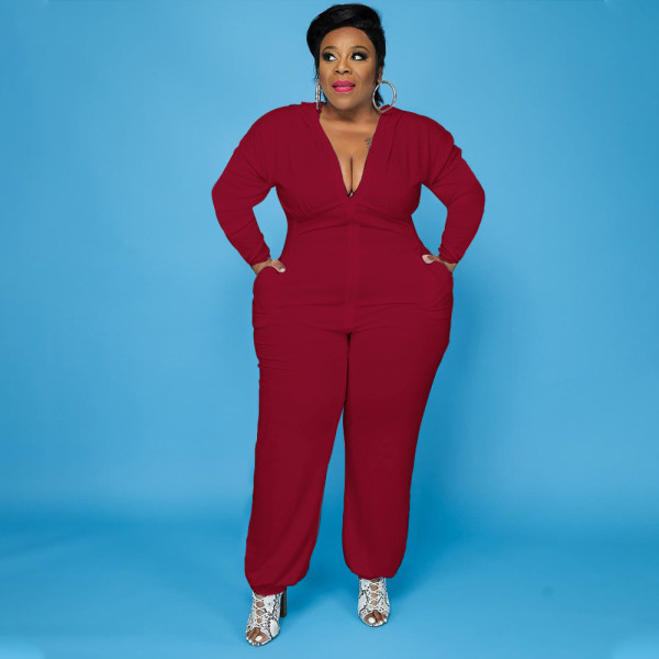 Large size European and American women's solid color bat shirt pocket zipper jumpsuit PH13248