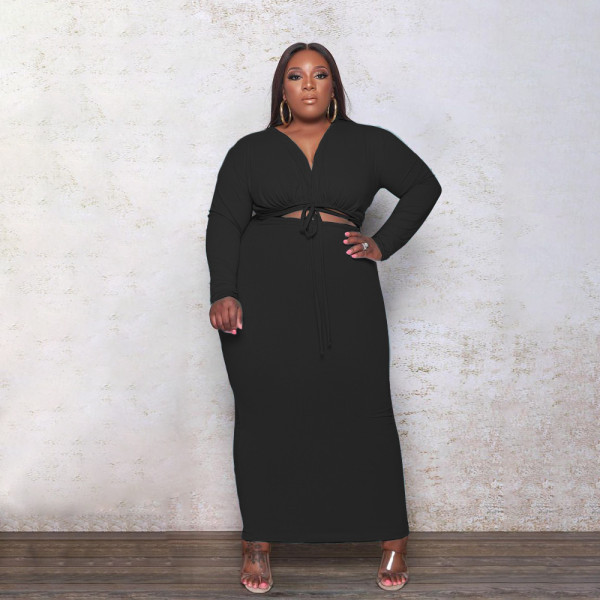 Autumn plus size sexy strappy solid color long dress PH1239