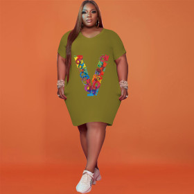 2021 plus size women's printed V fashion two-color dress HB4027