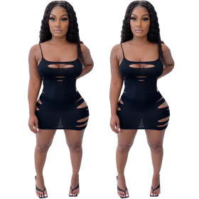 Fashion Nightclub Pure Color Sexy Hollow Hole Casual Sling Dress A5078