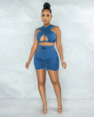Women's Imitation Denim Printed Blouse Cross Hollow Smock Tie Pack Hip Skirt Two-Piece Set A5053