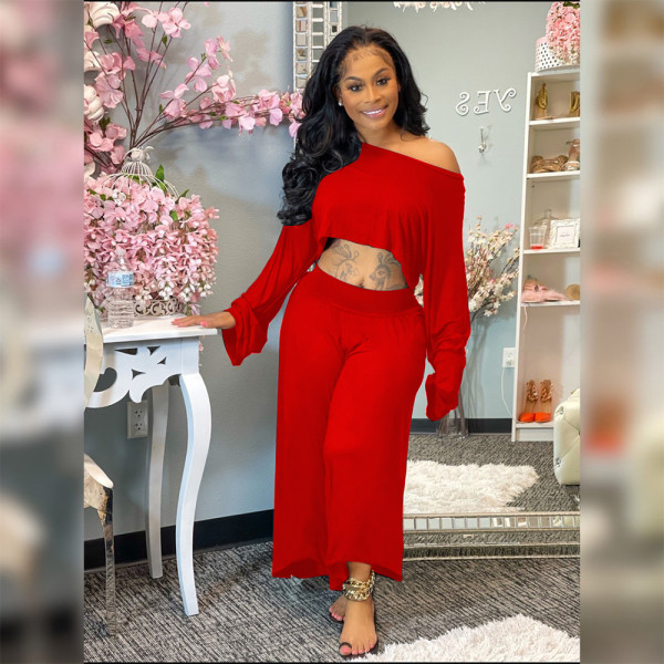 Plus size women's clothing solid color casual loose wide-leg two-piece suit KY80057