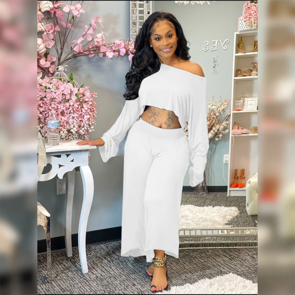 Plus size women's clothing solid color casual loose wide-leg two-piece suit KY80057