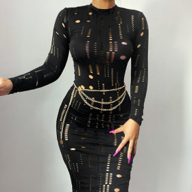 Simple bag hip skirt female autumn new sexy hollow jacquard long-sleeved dress ML21042