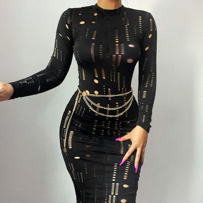Simple bag hip skirt female autumn new sexy hollow jacquard long-sleeved dress ML21042