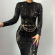 Simple bag hip skirt female autumn new sexy hollow jacquard long-sleeved dress ML21042