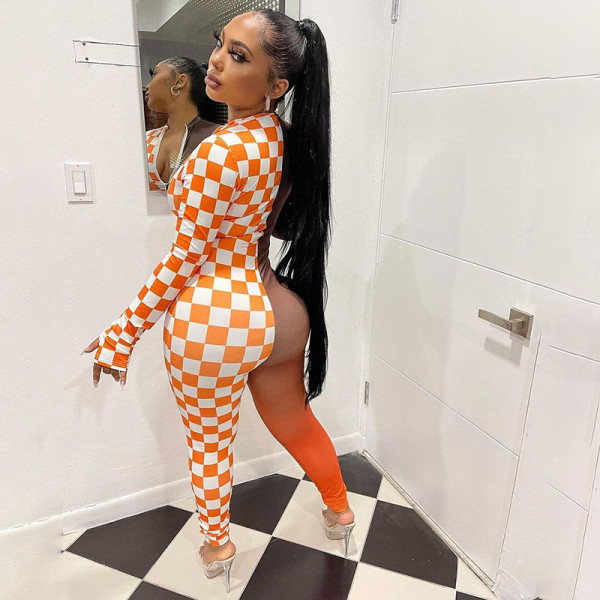 2021 autumn European and American women's new fashion contrast color printing stitching high waist tight-fitting sports fitness jumpsuit women K21Q04824