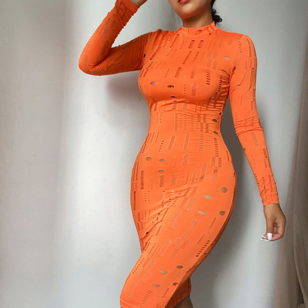 Simple bag hip skirt female autumn new sexy hollow jacquard long-sleeved dress ML21042
