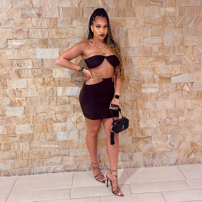 2021 summer hot new women's dress hanging ring solid color wrap breast skirt suit S165458G