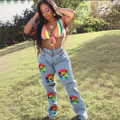 Autumn new women's fashion embroidered hole washing street shooting straight casual denim trousers women W21P05580