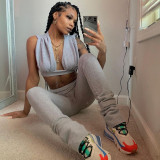 Fashion women's autumn new sports solid color sexy deep V casual trousers two-piece female K21ST492