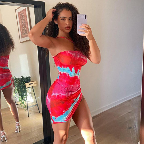 2021 Fall Explosive Women's New One-shoulder Halter Print Halter Drawstring Dress D175924