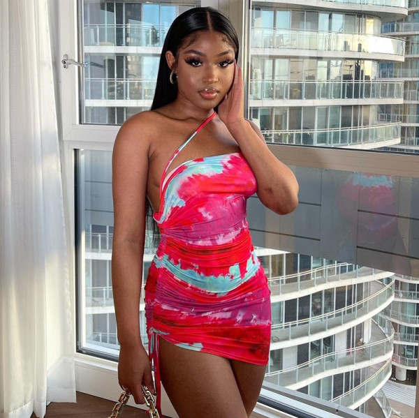 2021 Fall Explosive Women's New One-shoulder Halter Print Halter Drawstring Dress D175924