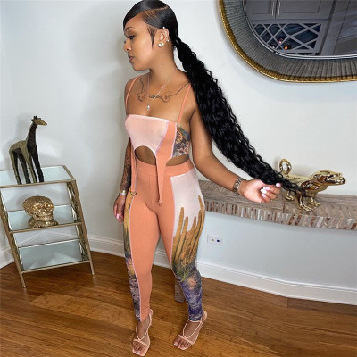 2021 Fall Women's New Sexy Sleeveless Sling Print Contrast Vest Tight Pants Casual Suit K21S05155