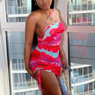 2021 Fall Explosive Women's New One-shoulder Halter Print Halter Drawstring Dress D175924