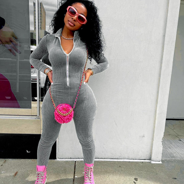 Fashion women's autumn new style solid color stand-up collar long-sleeved high-waist slim-fit trousers jumpsuit women K21JP493