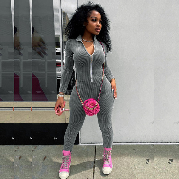 Fashion women's autumn new style solid color stand-up collar long-sleeved high-waist slim-fit trousers jumpsuit women K21JP493