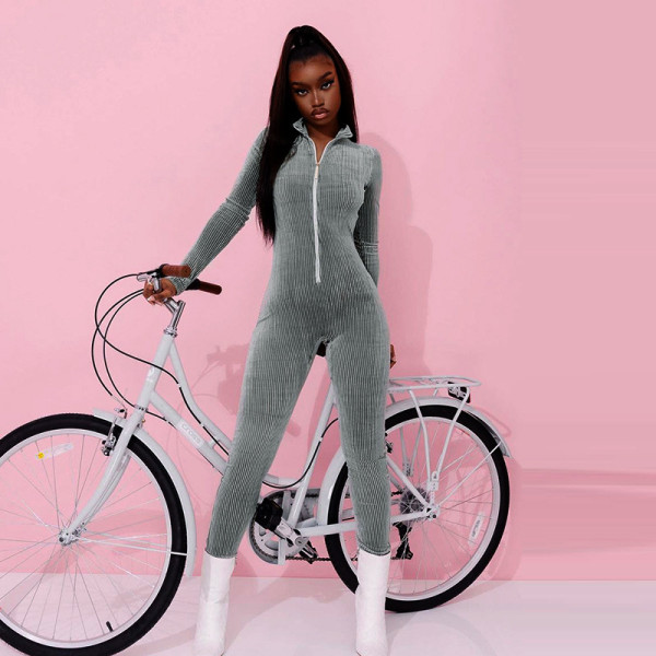 Fashion women's autumn new style solid color stand-up collar long-sleeved high-waist slim-fit trousers jumpsuit women K21JP493