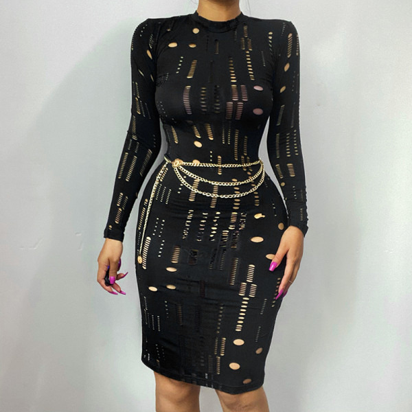 Simple bag hip skirt female autumn new sexy hollow jacquard long-sleeved dress ML21042