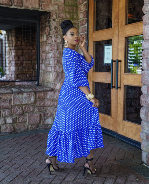 Plus Size Women's Fall Long V-neck Polka Dot Dress Ruffle Skirt HY8024