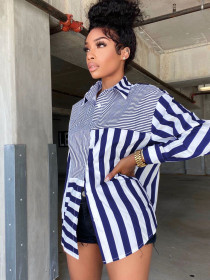 2021 fall new style European and American women's fashion ladies striped printed loose shirt dress  G0410