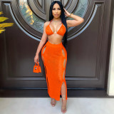 Women's sexy knitted suit, hollow swimsuit, beach blouse, two-piece skirt suit  Z0117