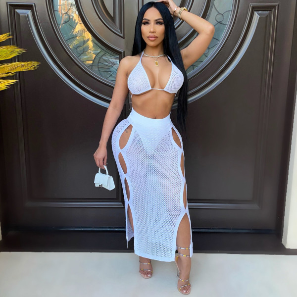 Women's sexy knitted suit, hollow swimsuit, beach blouse, two-piece skirt suit  Z0117