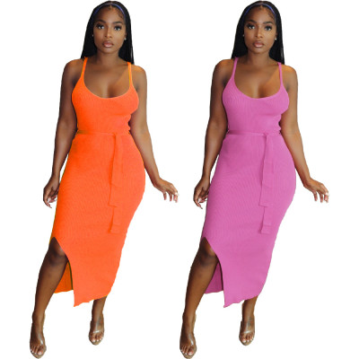 Mid-length skirt solid color small pit strip suspender dress HY8019