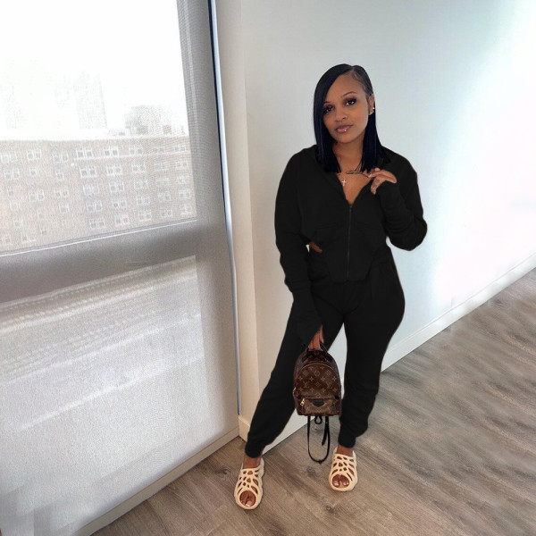 Pure color zipper hooded ladies long-sleeved trousers casual sports suit MM2136