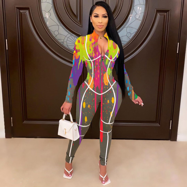 Women's fashion printed zipper jumpsuit SD2974