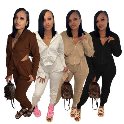 Pure color zipper hooded ladies long-sleeved trousers casual sports suit MM2136
