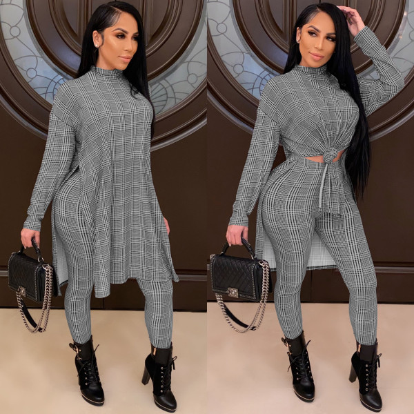 Women's casual fashion houndstooth print high-neck home ladies suit G0378
