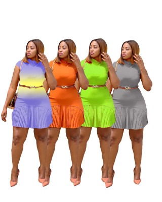 Ladies' Gradient Pure Color Ultra-short Sleeve Folding Fan Fashion Pleated Dress SD25122