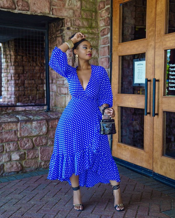 Plus Size Women's Fall Long V-neck Polka Dot Dress Ruffle Skirt HY8024