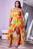 Women's Summer One-Sleeve Irregular Printed Lotus Leaf Skirt Large Size Dress HY8014