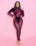 2021 autumn and winter models European and American women's sexy ladies gold velvet stitching mesh jumpsuit  G0411