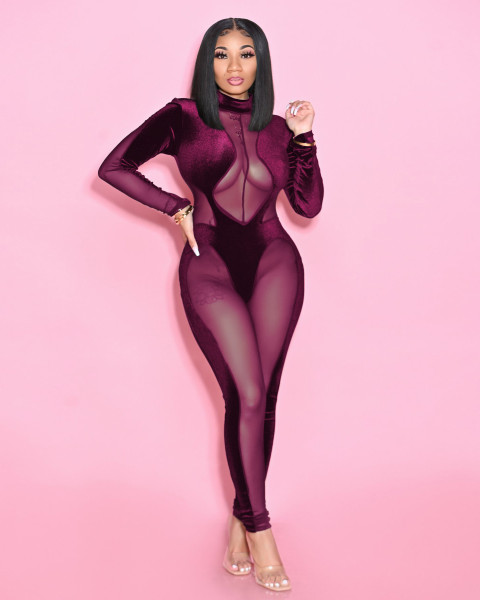 2021 autumn and winter models European and American women's sexy ladies gold velvet stitching mesh jumpsuit  G0411