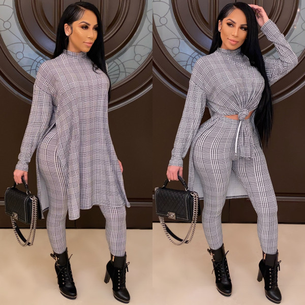 Women's casual fashion houndstooth print high-neck home ladies suit G0378