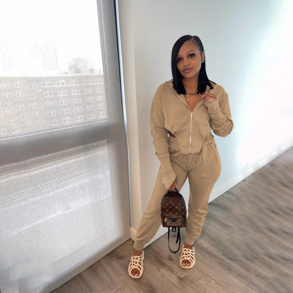 Pure color zipper hooded ladies long-sleeved trousers casual sports suit MM2136