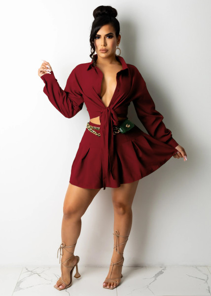 Women's Long Sleeve Lace Up Shirt Pleated Short Skirt Skirt Set 4 colors SJ3324