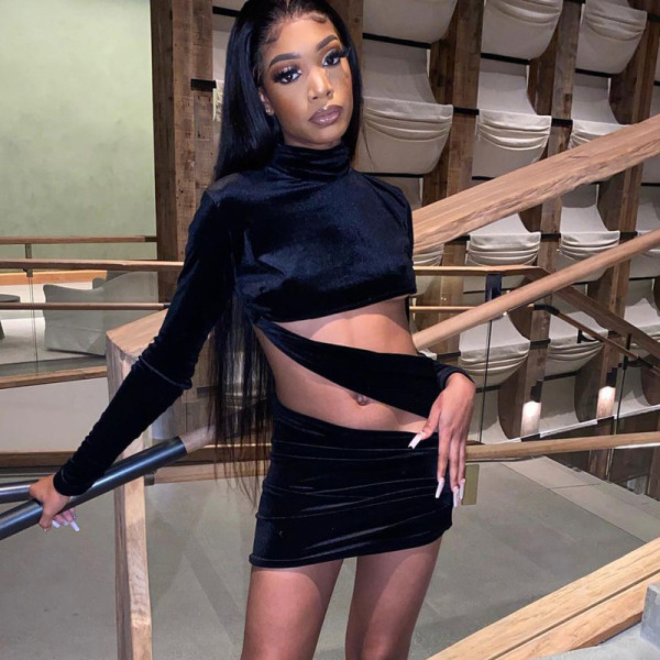 Women's 2021 autumn new suede irregular sexy high neck long sleeve nightclub bag hip skirt X21DS488