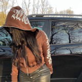Fashion women's 2021 autumn new solid color letter printing Kepeng hooded long-sleeved sweater K21TP497